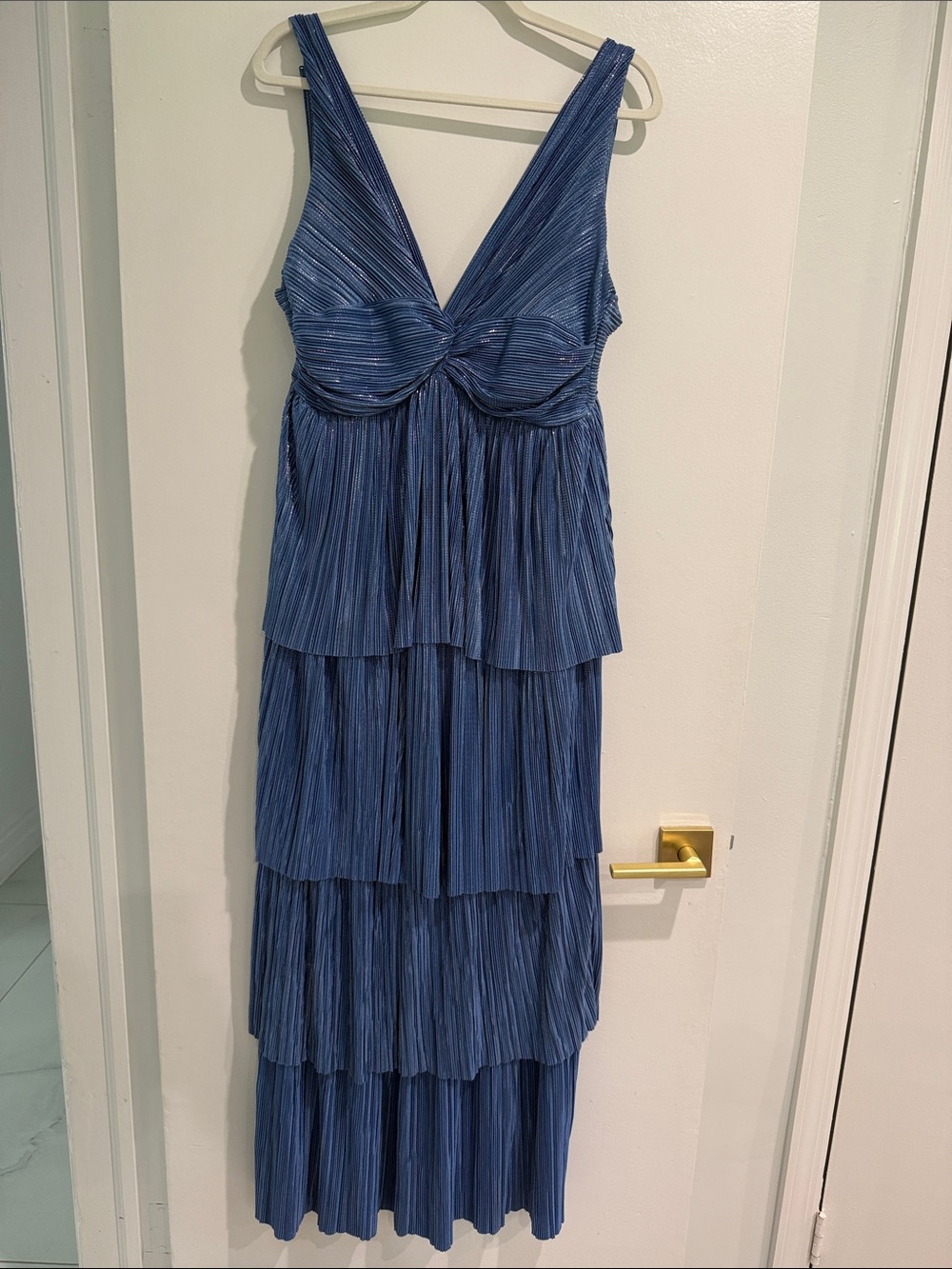 Sabina Musayev Blue Pleated Tiered Maxi Dress